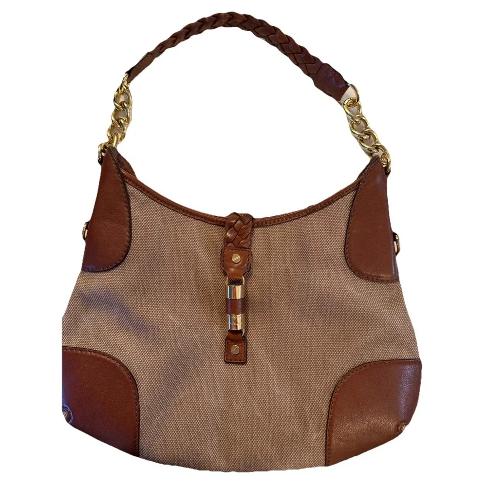 Michael Kors Canvas‎ Hobo Brown Purse Jet Set Braided Leather Shoulder Bag